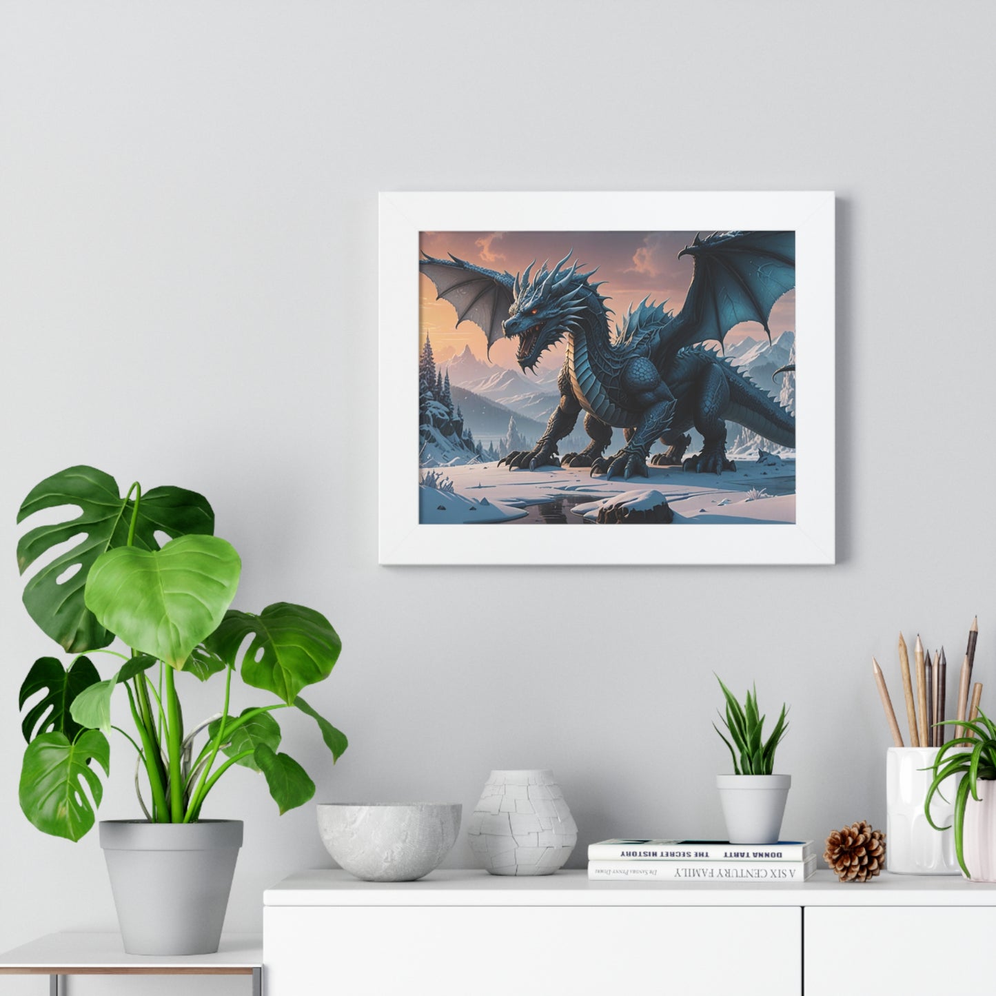 Frost Dragon with shimmering silver and icy blue scales...  Framed Horizontal Poster