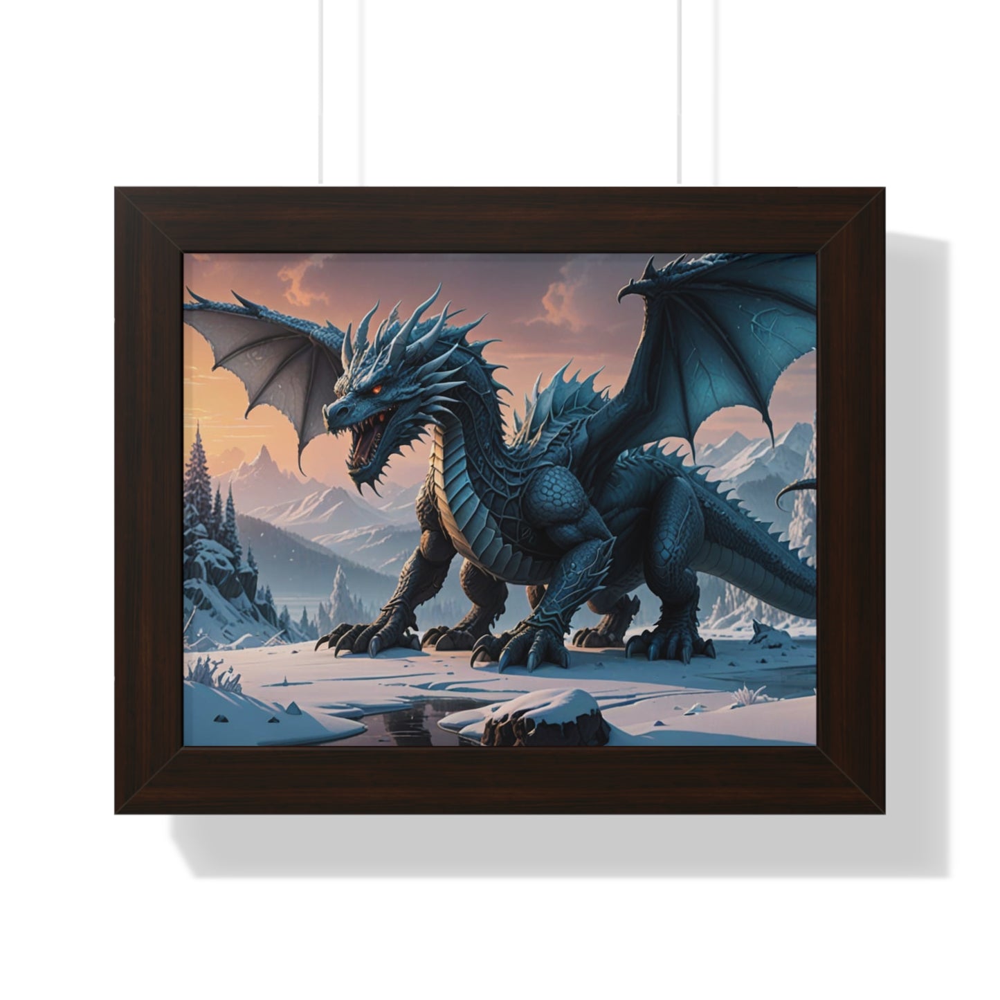 Frost Dragon with shimmering silver and icy blue scales...  Framed Horizontal Poster