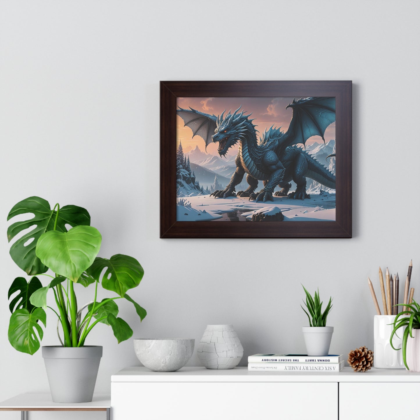 Frost Dragon with shimmering silver and icy blue scales...  Framed Horizontal Poster