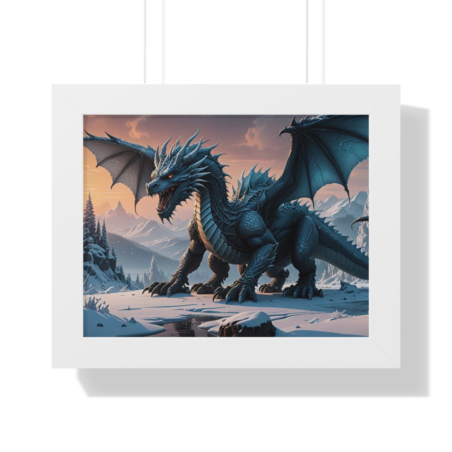 Frost Dragon with shimmering silver and icy blue scales...  Framed Horizontal Poster