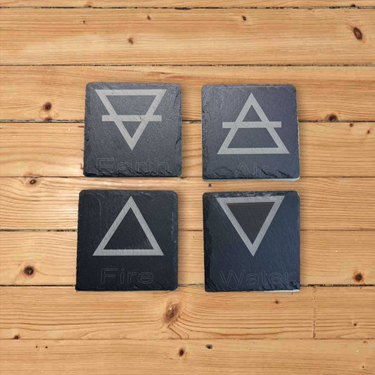 Engraved Slate Coaster Set with Alchemical Symbols for Earth, Air, Fire, and Water