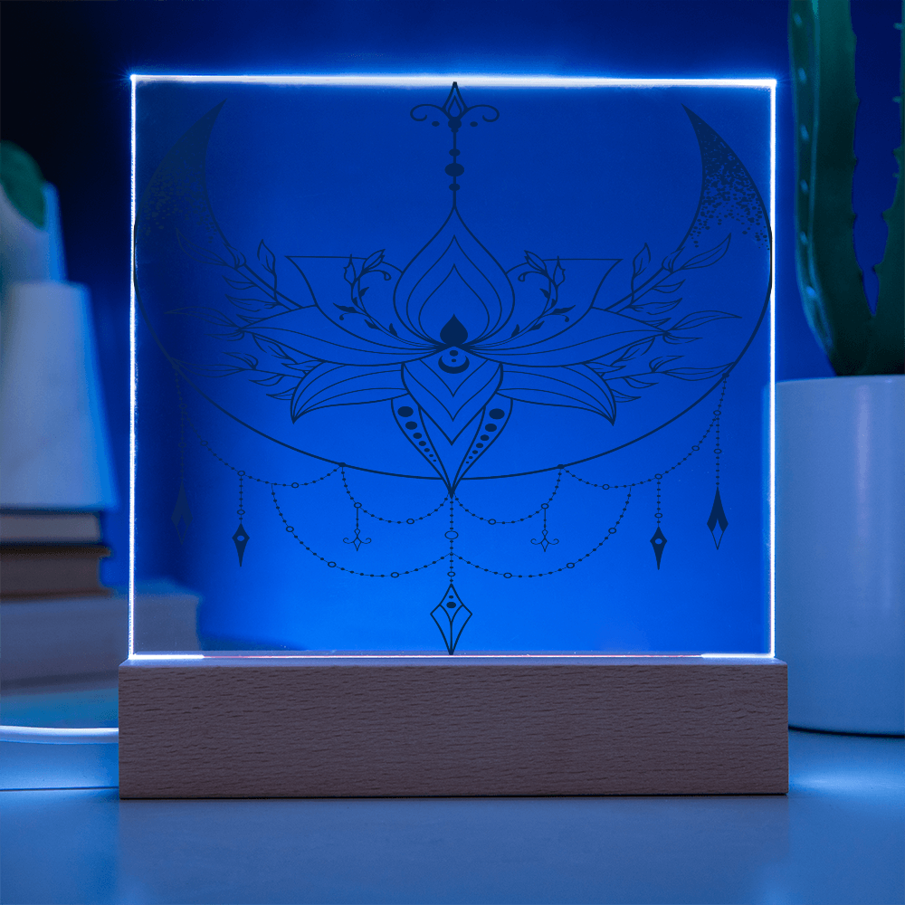 Acrylic Square Plaque with Lotus and Moon Design