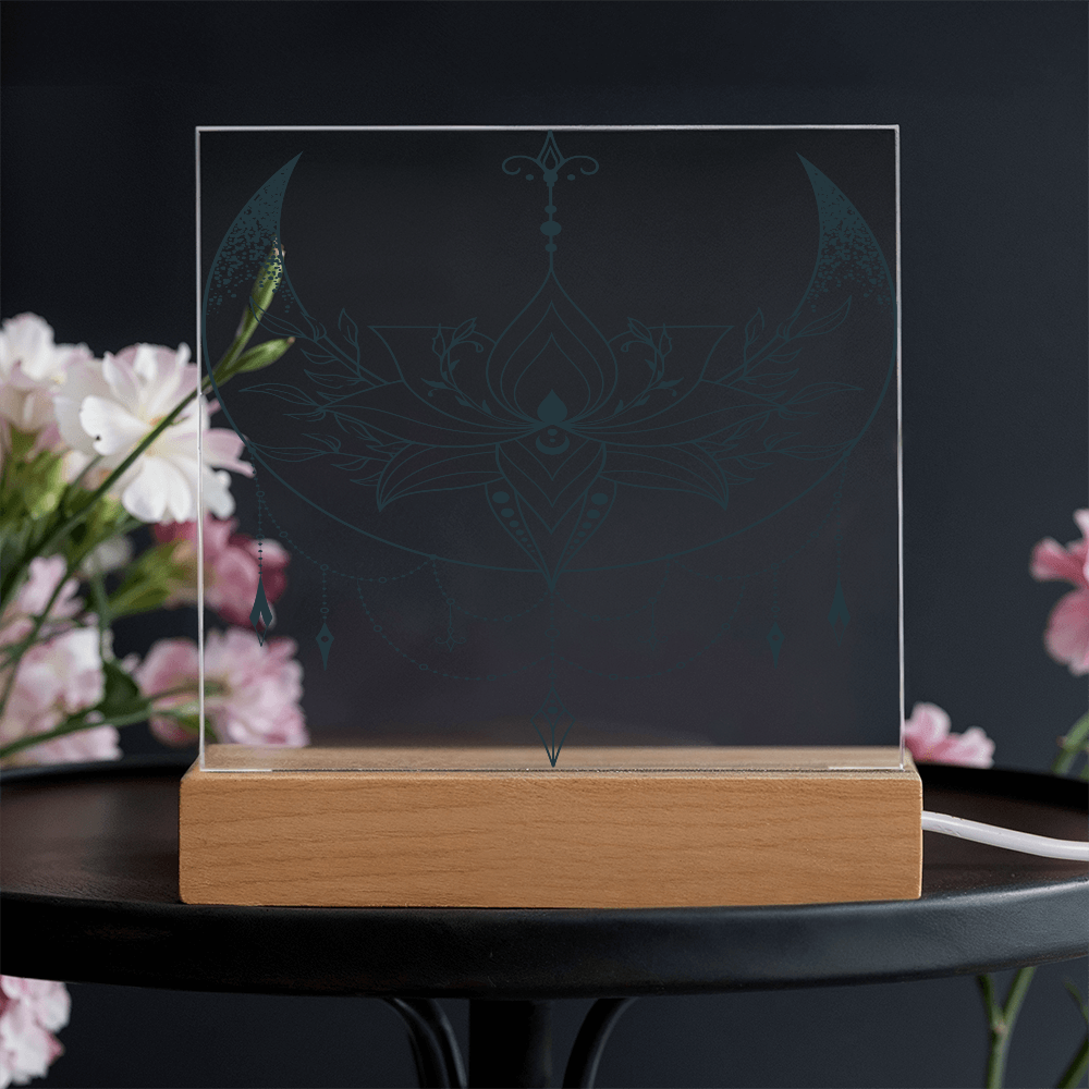 Acrylic Square Plaque with Lotus and Moon Design