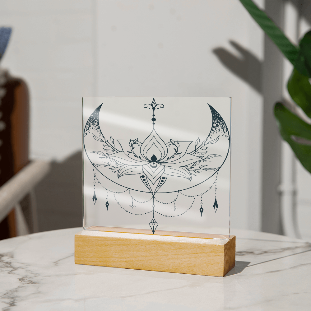 Acrylic Square Plaque with Lotus and Moon Design