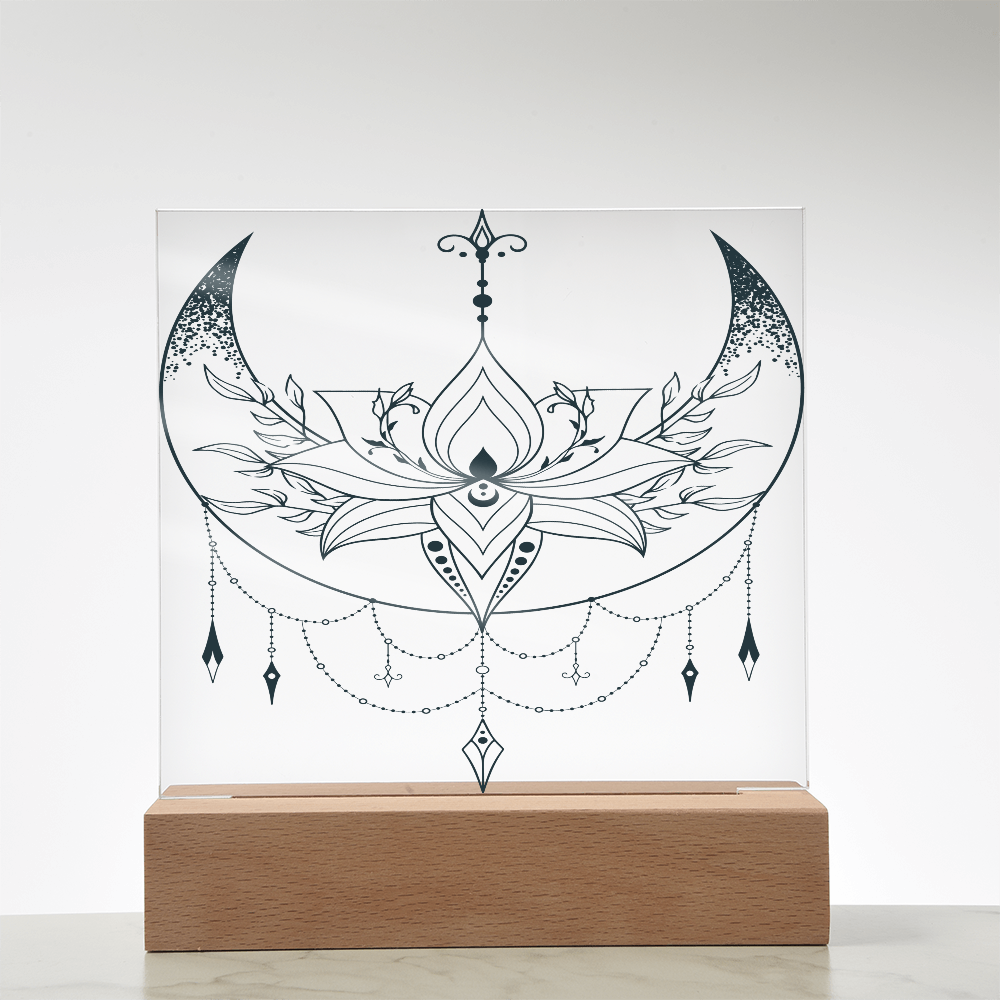 Acrylic Square Plaque with Lotus and Moon Design