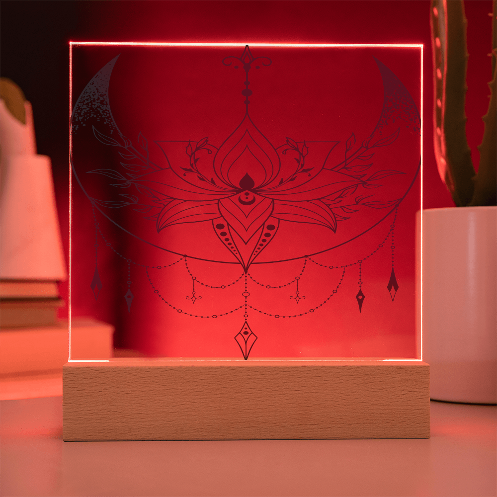 Acrylic Square Plaque with Lotus and Moon Design