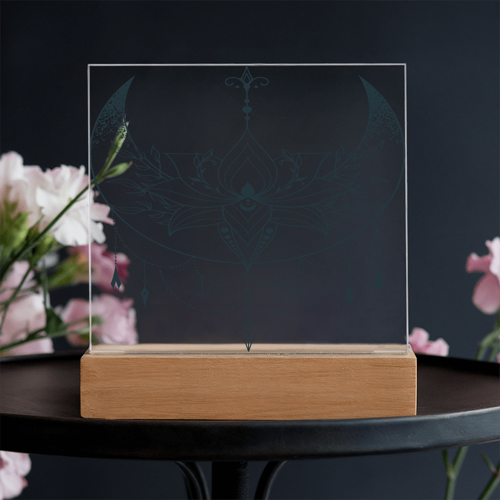 Acrylic Square Plaque with Lotus and Moon Design